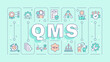 QMS turquoise word concept. Product quality. Performance metrics, project lifecycle. Typography banner. Vector illustration with title text, editable icons color. Hubot Sans font used