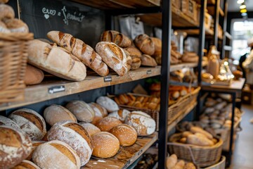 Poster - A bakery showcasing an abundance of fresh bread types on shelves, inviting customers to savor the aroma and taste of artisanal delights. Generative AI