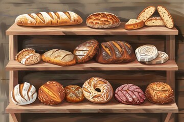 Poster - A wooden shelf stacked with an assortment of freshly baked bread loaves, rolls, and pastries in various shapes and sizes. Generative AI