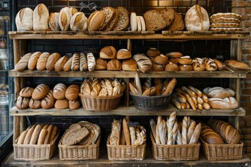 Poster - A variety of fresh bread displayed beautifully on shelves in a bakery, showcasing different types and flavors for customers to choose from. Generative AI