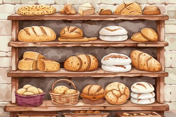 Poster - An artistic illustration of a bakery shelf filled with various types of fresh bread, showcasing the beauty and diversity of baked goods. Generative AI