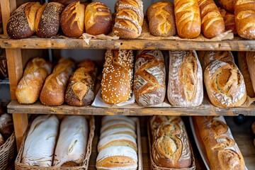 Poster - A colorful assortment of freshly baked bread displayed on a rustic shelf in a welcoming bakery setting. Generative AI