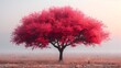 Red Misty Tree in Idyllic Landscape Stunning Vibrant Botanical Nature Scene Serene Outdoor