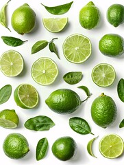 Wall Mural - A selection of fresh, ripe limes on a white background.