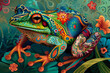 A digital illustration of a multicolored frog