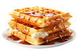 © Lucky - Viennese fresh waffles drizzle with honey on top in white ceramic dish isolated on cut out PNG or transparent background. Dessert made from two strips of dough. American Waffles are square in shape.