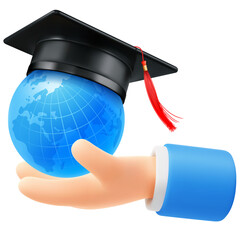 Wall Mural - Hand holding globe with academic graduation cap, toga hat. 3d realistic education online concept, design for congratulation graduation ceremony. Isolated Vector illustration