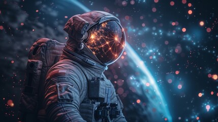 A man in a spacesuit stands on a planet in a blue sky