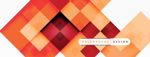 Poster - A vibrant textile flooring design with a symmetrical pattern of orange and red squares on a white background, accented with hints of brown, purple, and magenta rectangles