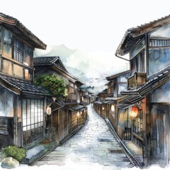 Wall Mural - Watercolor painting of a charming Japanese village with traditional wooden houses and lantern-lit streets, Generative AI 