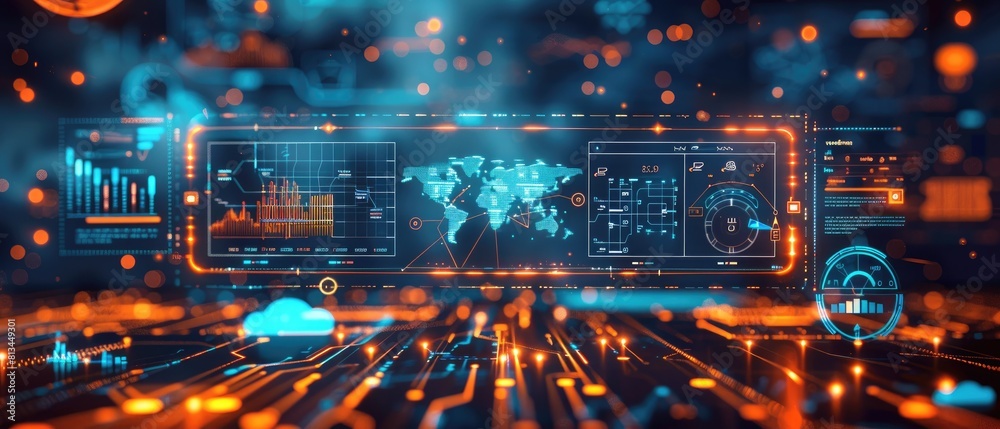 The image is of a futuristic control panel with a world map and various ...