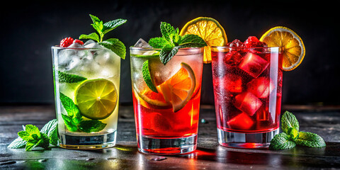 Three refreshing cocktails in glasses against dark backdrop