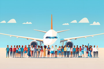 Wall Mural - Diverse group of people near airplane representing global migration emigration and refugees. Concept Diversity, Global Migration, Emigration, Refugees, Airplane