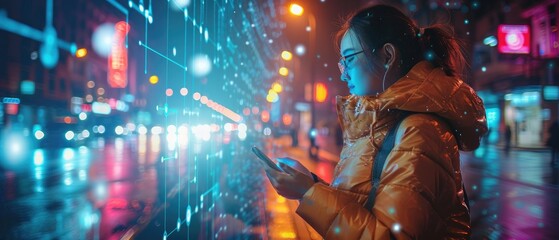 a person in a city street using a smartphone. The person is wearing a jacket and a backpack. The background is blurred.