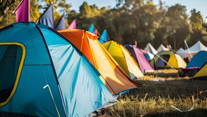 Vibrant Tents and Festival Vibes: A Bustling Campsite at an Outdoor Music Festival. Concept Music Festival, Outdoor Event, Campsite, Vibrant Tents, Festival Vibes