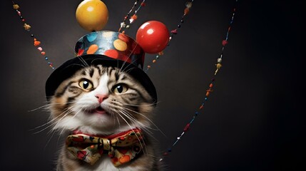 Poster - AI generated illustration of a cat in a stylish hat and bow tie