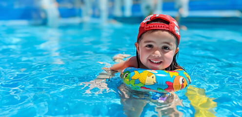 A young girl is in a pool with a red hat on and a blue float. She is smiling and enjoying herself