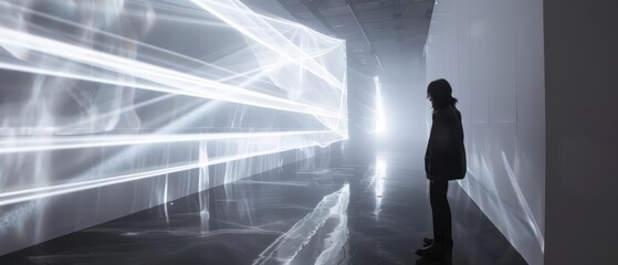 An avantgarde art installation uses ultramodern light technology to create immersive environments that provoke curious emotional responses, isolated on white