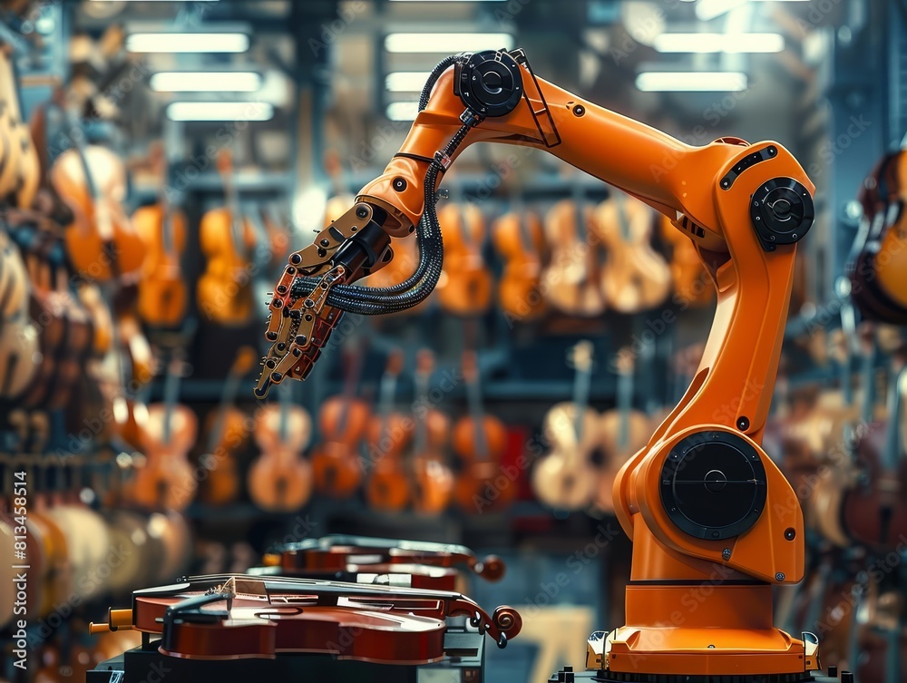 An industrial robot in a Thai art style factory skillfully assembles ...