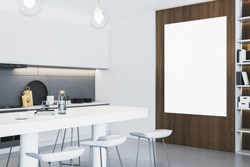 Poster - Modern wooden and white office interior with empty mock up banner on wall, bookcase and kitchen. 3D Rendering.