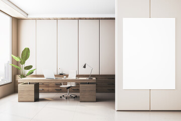 Poster - Modern wooden office interior with blank white mock up banner on wall. 3D Rendering.