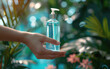 Hand holding sanitizer bottle against blurred background