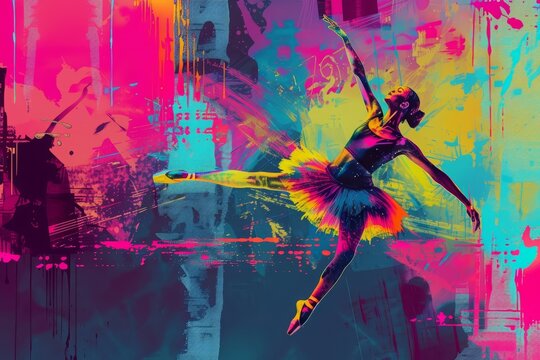futuristic pop art color of a ballet dancer performing on international dance day, accented with cyb