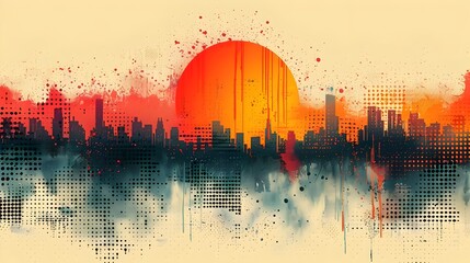 Aufkleber - Vibrant Grunge Cityscape with Halftone Dot Pattern and Fiery Sunset Gradient Backdrop
