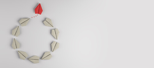 Poster - Creative paper planes circle on wide white background with mock up place. Leadership and success concept. 3D Rendering.