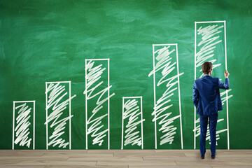 Poster - Back view of young european businessman drawing creative growing business graph sketch on green chalkboard wall. Financial growth, investment and success concept.