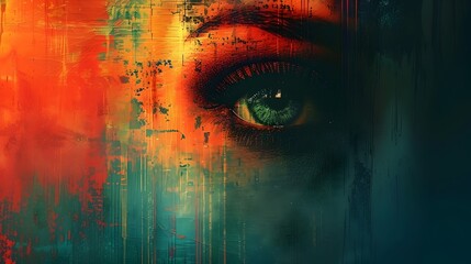 Poster - Captivating Surreal Green Eye Amidst Vibrant Abstract Grunge Textures and Splashes
