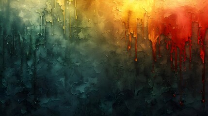 Aufkleber - Glowing Dystopian Cityscape Enveloped in Turbulent Grunge Atmosphere of Vibrant Abstract Expressionistic Elements