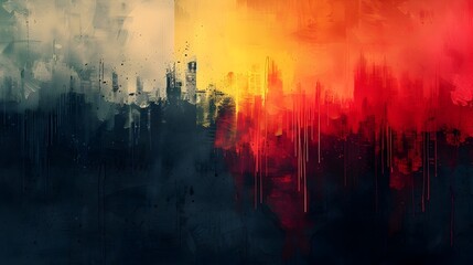 Aufkleber - Dramatic Abstract Grunge Cityscape with Vibrant Colorful Explosion and Atmospheric Moody Weather