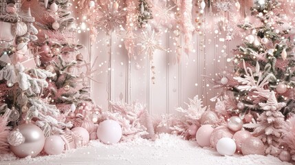 Wall Mural - Light Pink Christmas Extravaganza: Design an extravagant Christmas background with light pink hues, featuring elaborate decorations, festive garlands