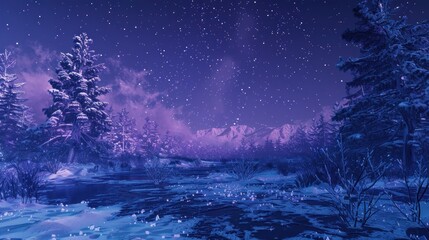 Wall Mural - Midnight Snowscape: Generate a midnight snowscape with deep blues, purples, and icy whites, featuring a serene winter scene under a starry sky. 