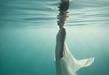 Poster - AI generated illustration of a woman in a dress underwater, floating elegantly