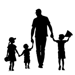 Wall Mural - fathers day, man is holding hands of two children and a small child is holding a megaphone