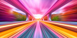 Fototapeta  - Vibrant light trails on an empty highway leading to a sunrise. Abstract rainbow neon background.