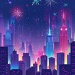 Show Colorful Glow HUD icon of a bustling cityscape during New Years Eve, capturing the vibrant urban energy in solid color, kawaii template sharpen with copy space