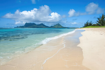 A sandy tropical beach with an island in the background.