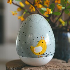 Wall Mural - Easter egg and cute chick on white surface with softly blurred background for festive theme