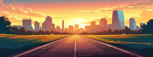 Sticker - asphalt road in a modern city skyline with buildings, set against the backdrop of a vibrant sunset