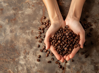 hands holding coffee beans on light brown background