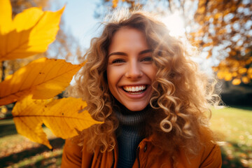 Joyful Young Woman Holding Autumn Leaves in Sunlit Park