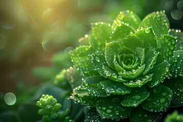 Wall Mural - Dew Kissed Green Succulent Plant Under Sunlight