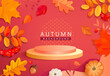 Autumn banner with promotion 3d podium among colorful fall leaves,rowanberries,acorns,pumpkins for display new products.Round pedestale for seasonal offers,promo,presentation,shopping template.Vector