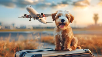 Wall Mural - Happy dog in airport terminal going to vacation. Cute adorable puppy sitting on suitcase and smiling, airplane flying at background, travel to summer holiday or moving with loving pets concept. 