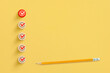 Red marking on checklist box on wooden cubes, yellow background. Checklist concept, copy space