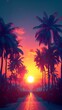 Tropical Sunset Road with Palm Trees and Vibrant Sky