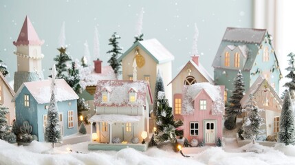Wall Mural - Pastel Christmas Village: Design a charming holiday village scene with pastel-colored cottages, twinkling lights, and festive decorations against a light and airy backdrop.